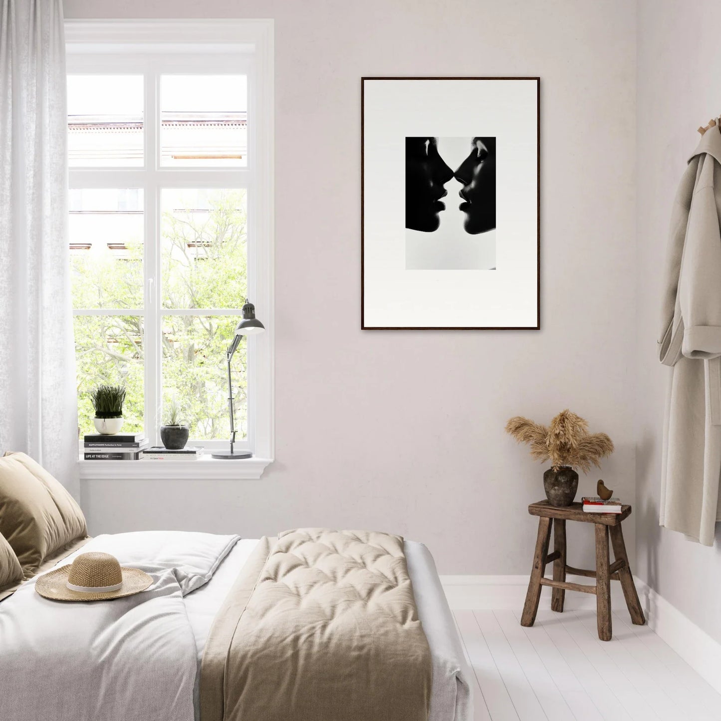 Minimalist bedroom featuring Whispers Kiss Universes premium framed wall art in soft tones