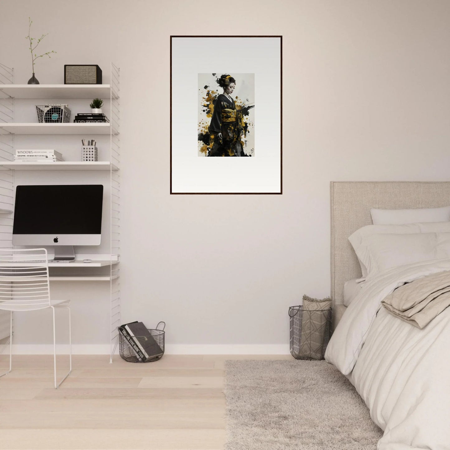 Minimalist bedroom with white walls and a premium framed wall art from Send of Echoes