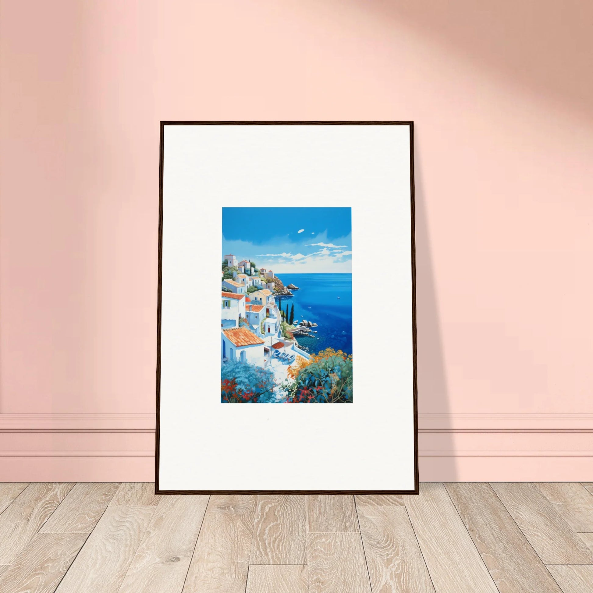 Framed Sunlit Dreamscape Promise artwork of a Mediterranean coast with blue domes