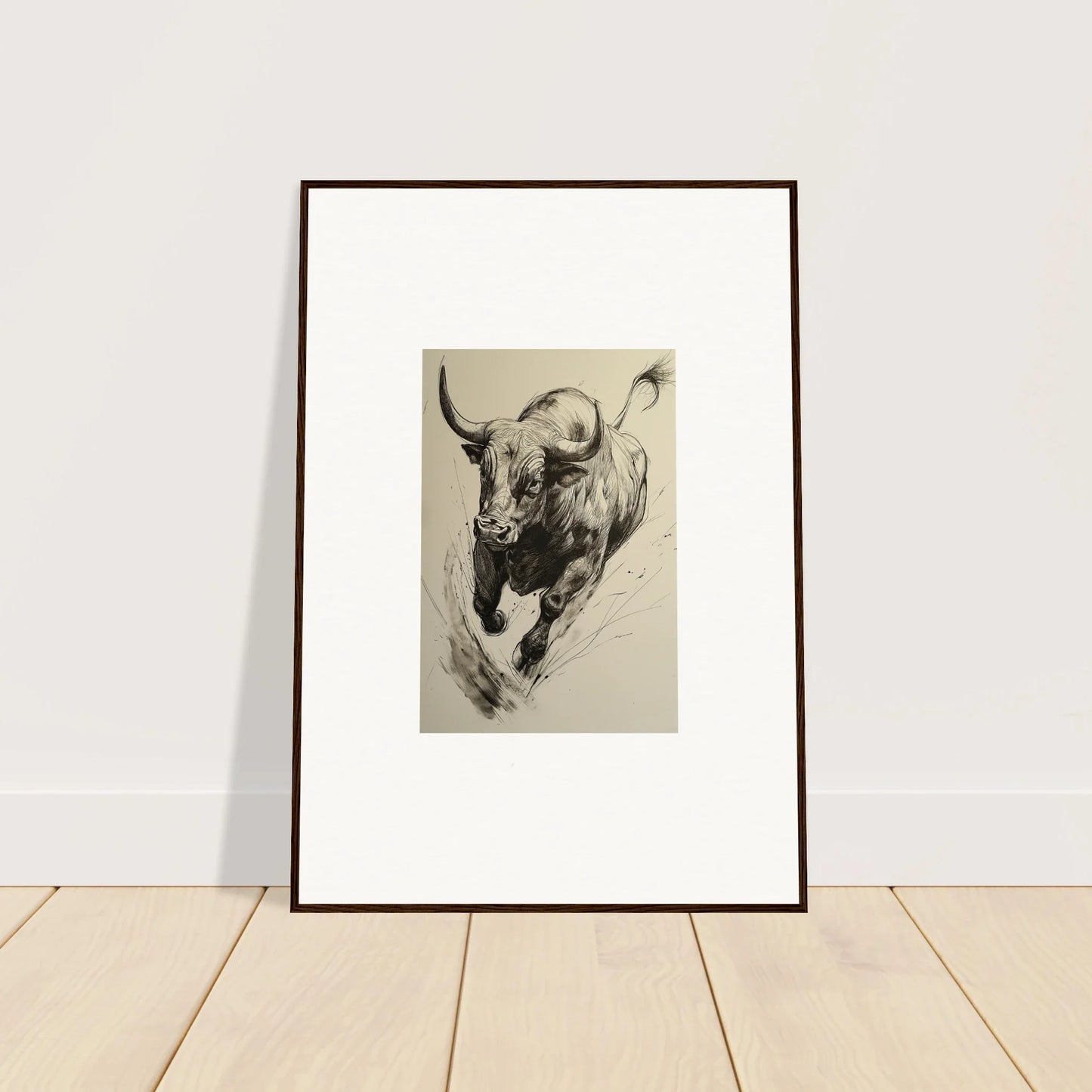 Framed black and white sketch of a charging bull in Ebullient Storm Release special edition art™