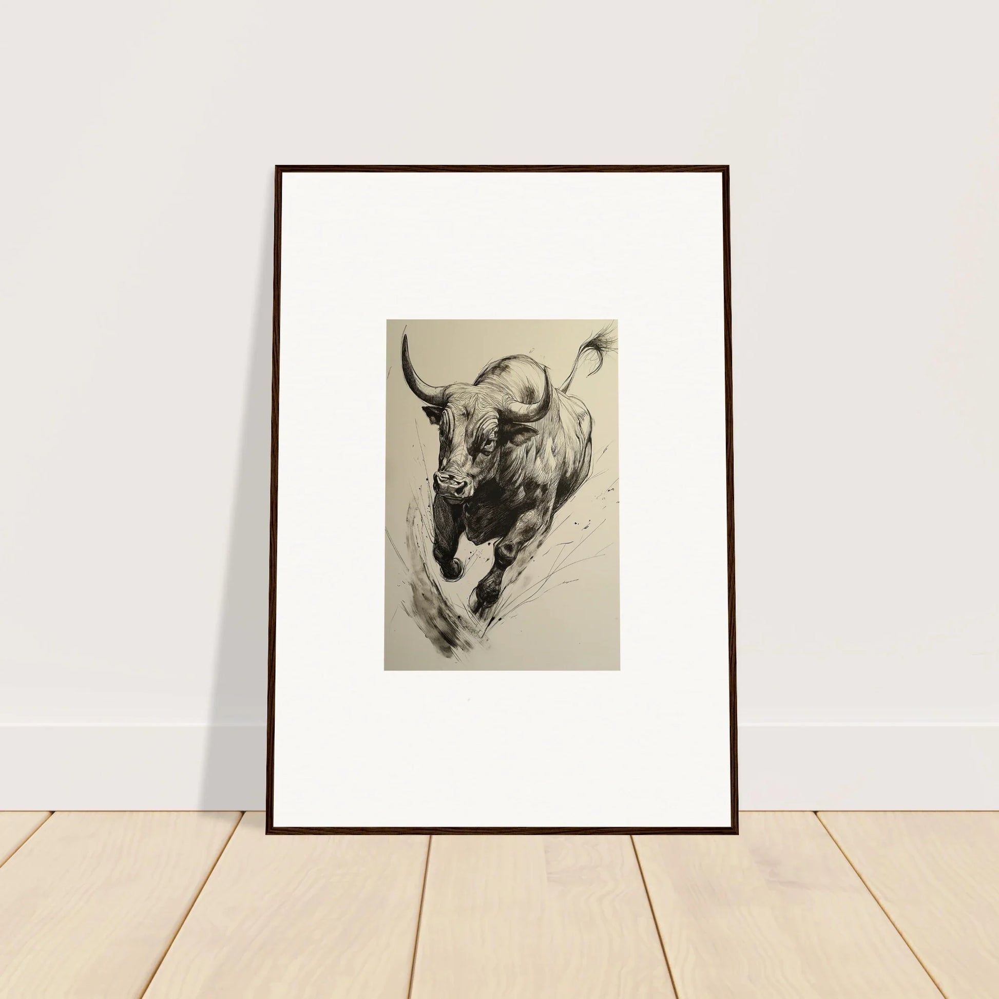 Framed black and white sketch of a charging bull in Ebullient Storm Release special edition art™