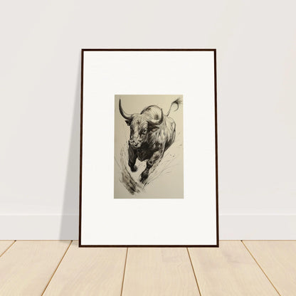 Framed black and white sketch of a charging bull in Ebullient Storm Release special edition art™