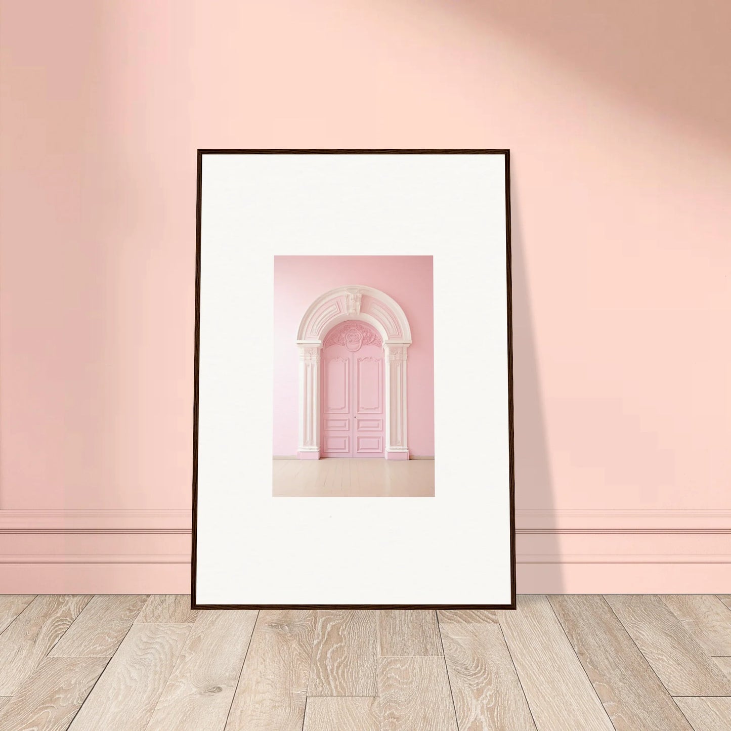 Framed wall art of a pink arched doorway from Portal Fantasies Unfurled