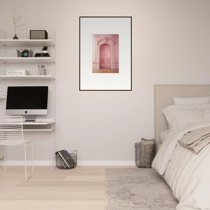 Stylish minimalist bedroom featuring Gentle Whims Myths art and an iMac workstation