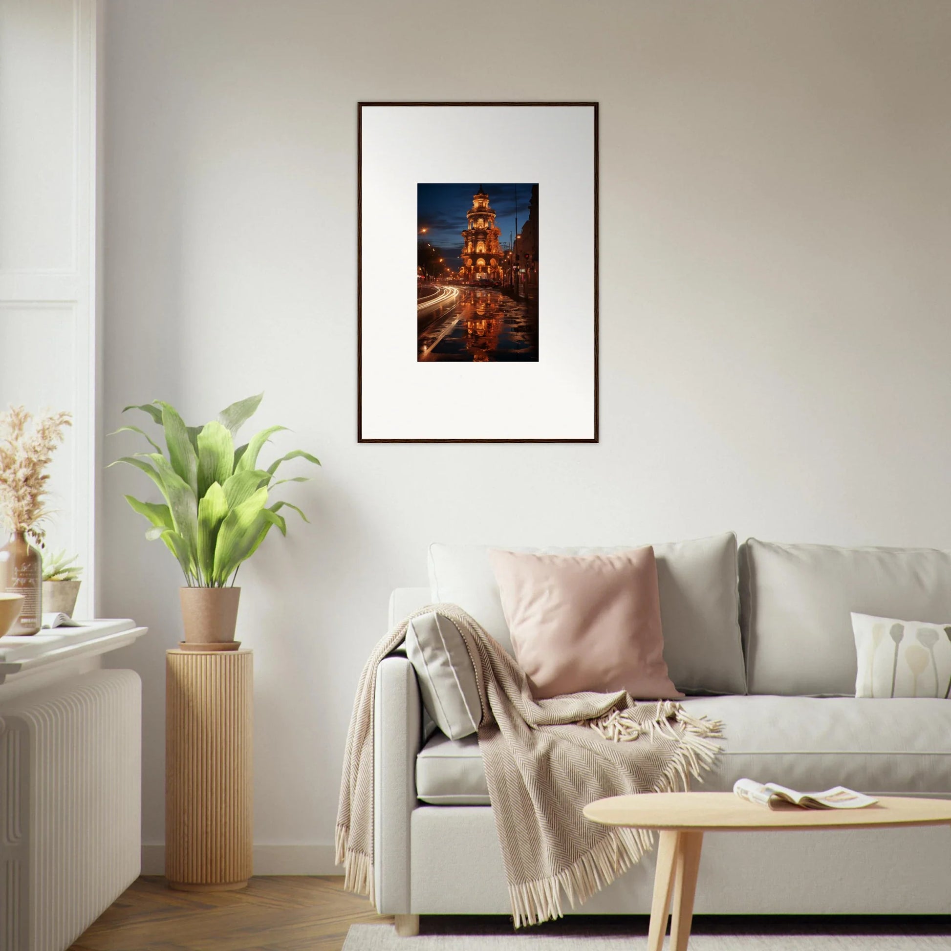 Framed wall art of a luminous Neo’ici Dops pagoda tower at night, perfect for decor