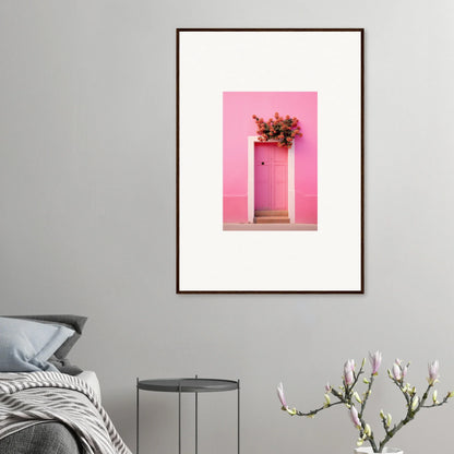 Pink door framed by red flowers, perfect for Quantum Pink Serenade wall art