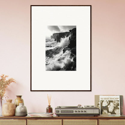 Framed black and white Rock Impressions art of coastal cliffs with crashing waves