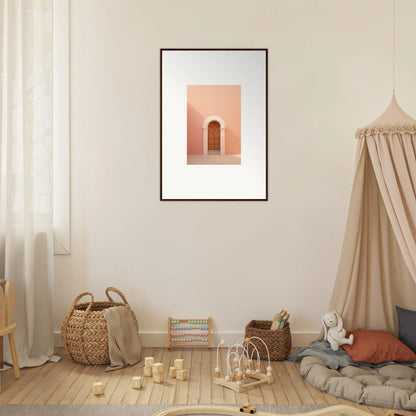 Framed Silent Coral Dreams art print of a pink archway on peach wall