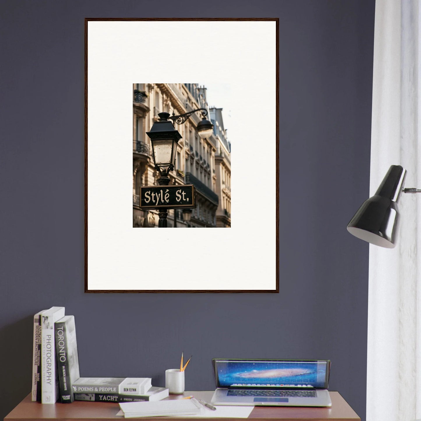 Framed wall art of a Parisian street sign and lamp post for stylish room decoration