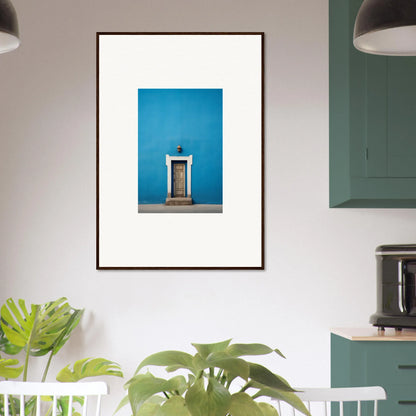 Framed artwork of a white lantern on a blue backdrop from Eternal Cerulean Cloister