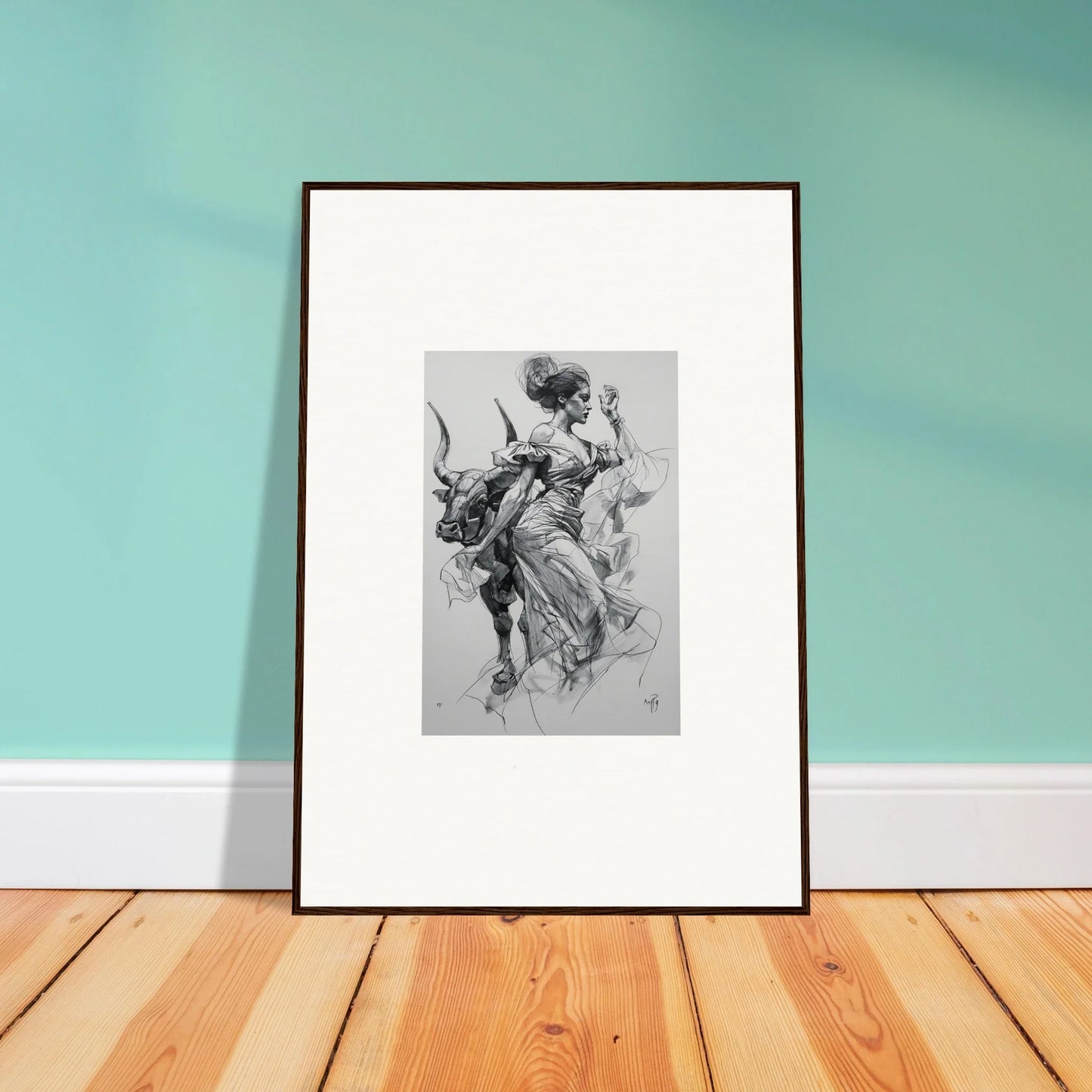 Framed black and white artwork of a classical figure for Sirens Veil Matador special edition art™