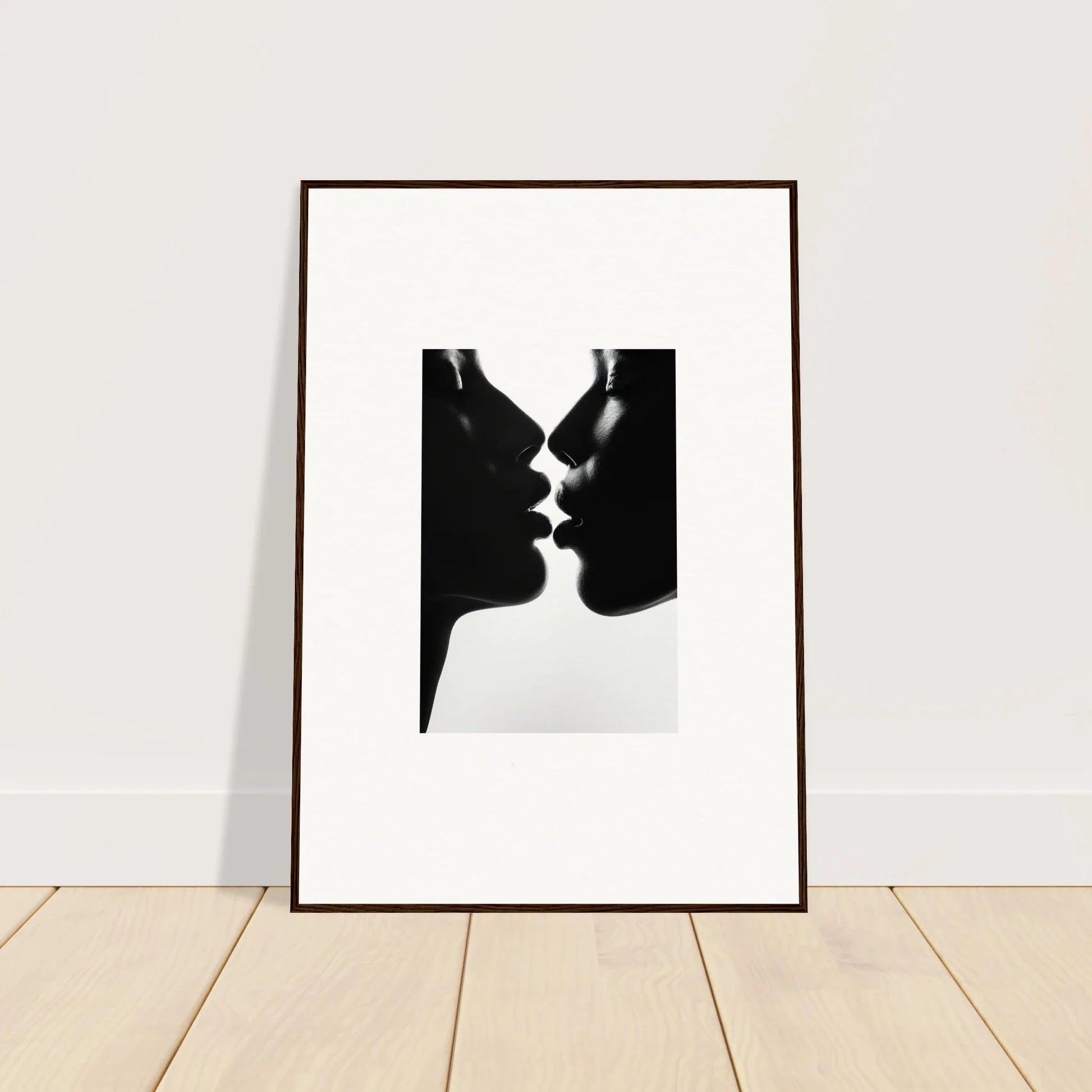 Framed wall art of Luminous Midnight Kiss silhouette print of two profiles about to kiss