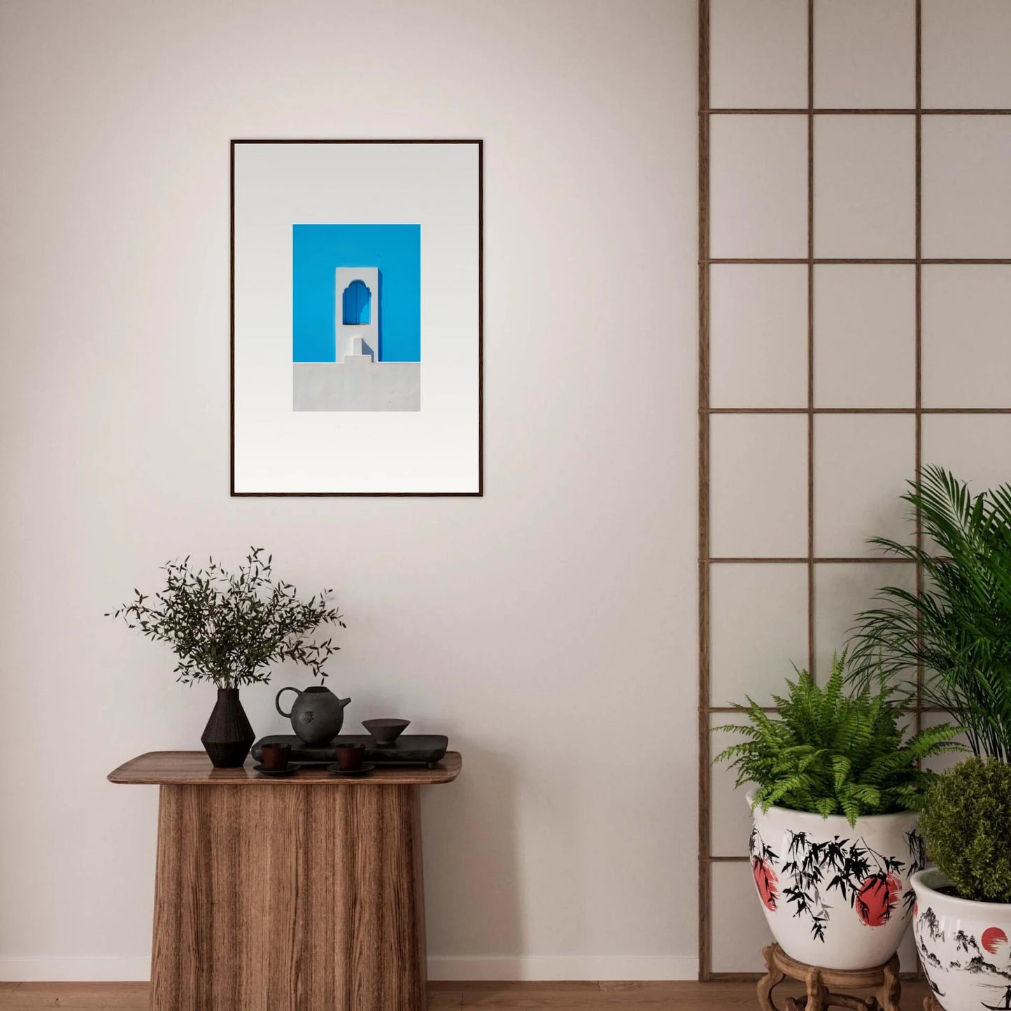 Framed Oikos Cerulean Aperturearches art featuring a blue doorway on a light backdrop