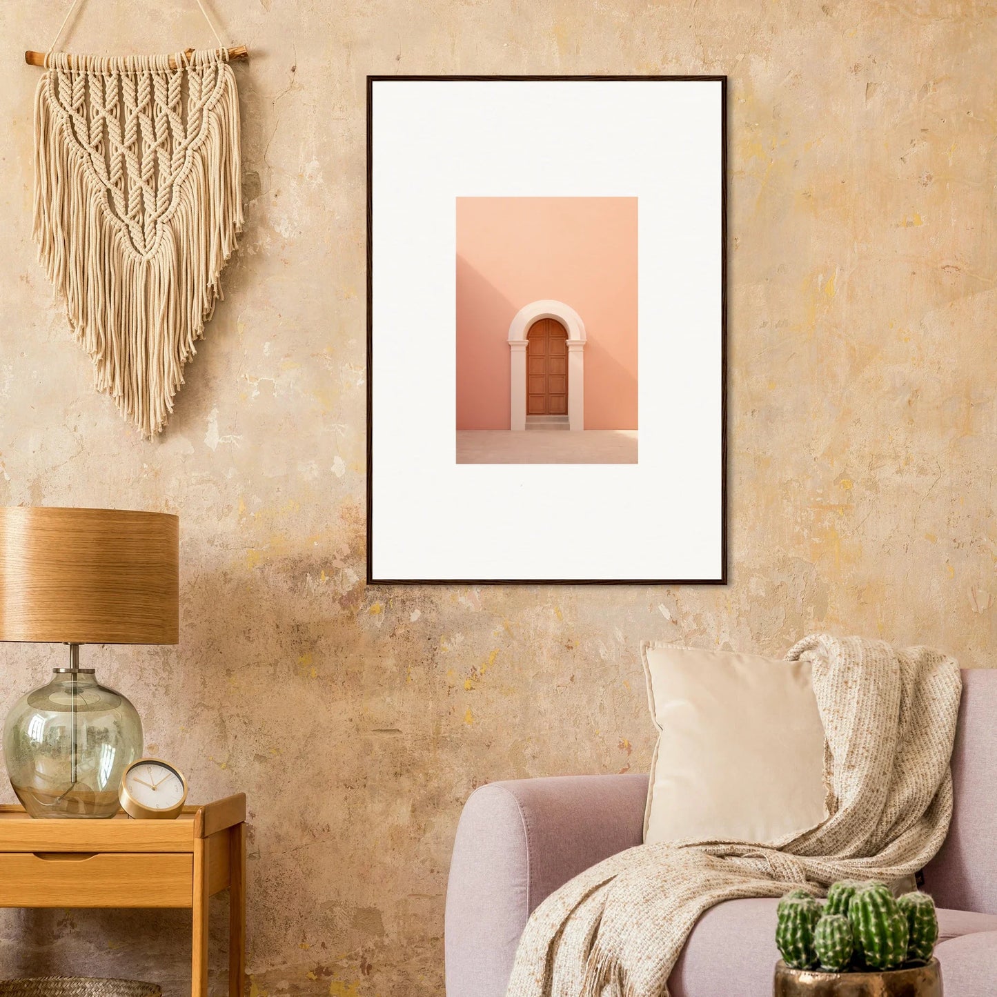 Framed Silent Coral Dreams art print with a pink archway on peach wall