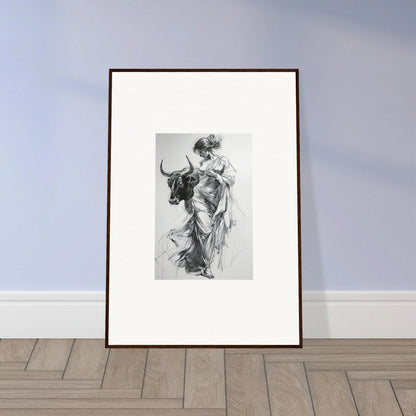 Framed black and white sketch of a figure with a bull in Reverie of Zephyr special edition art