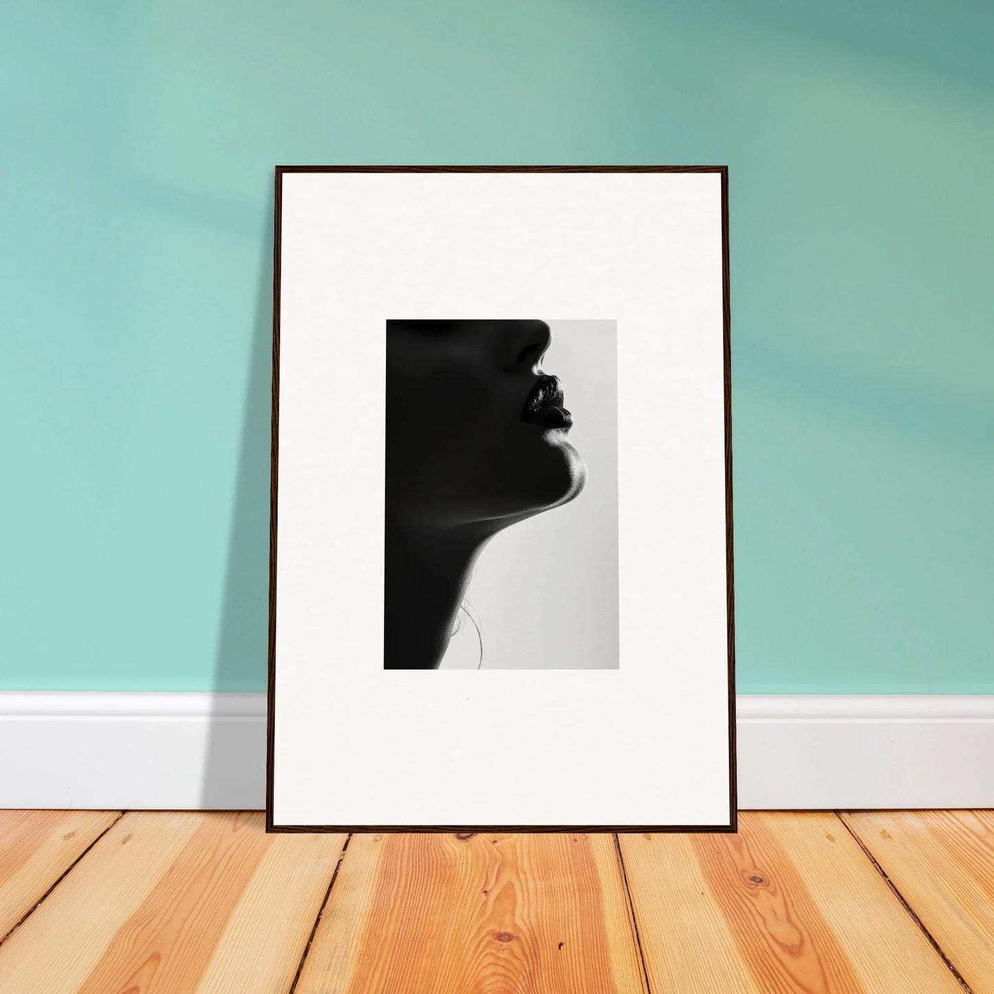 Framed black and white silhouette art titled Shadowed Whisper Immanence