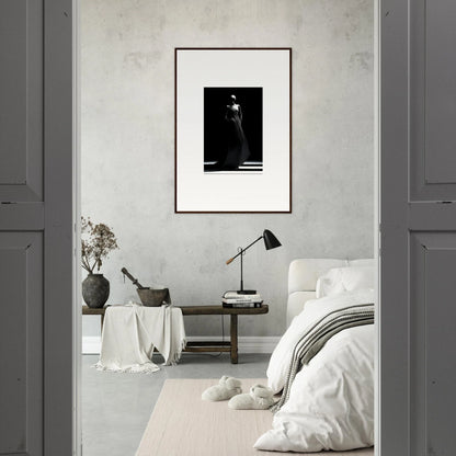 Monochromatic bedroom featuring Echoes Velvet Mirage with minimalist decor and art