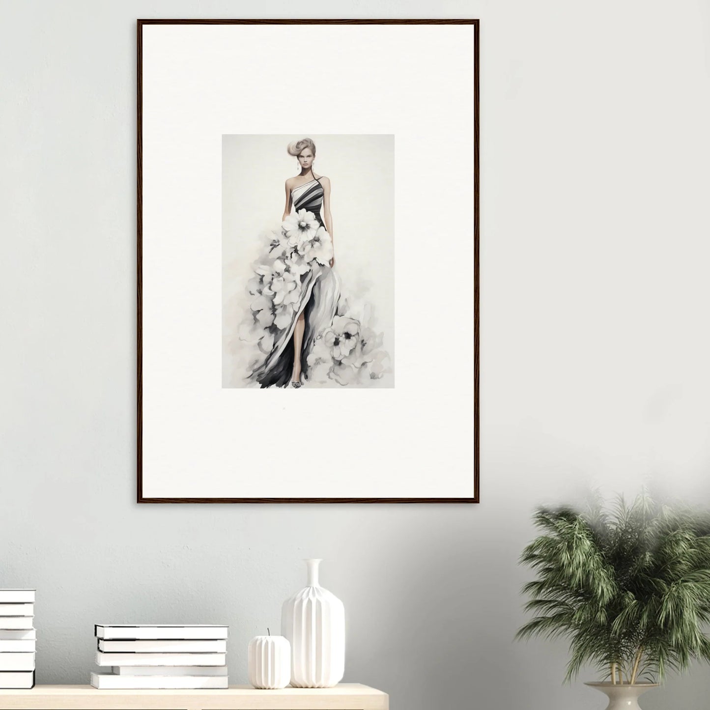 Framed black and white fashion illustration of an elegant gown from Dreamy Blossom Mirage