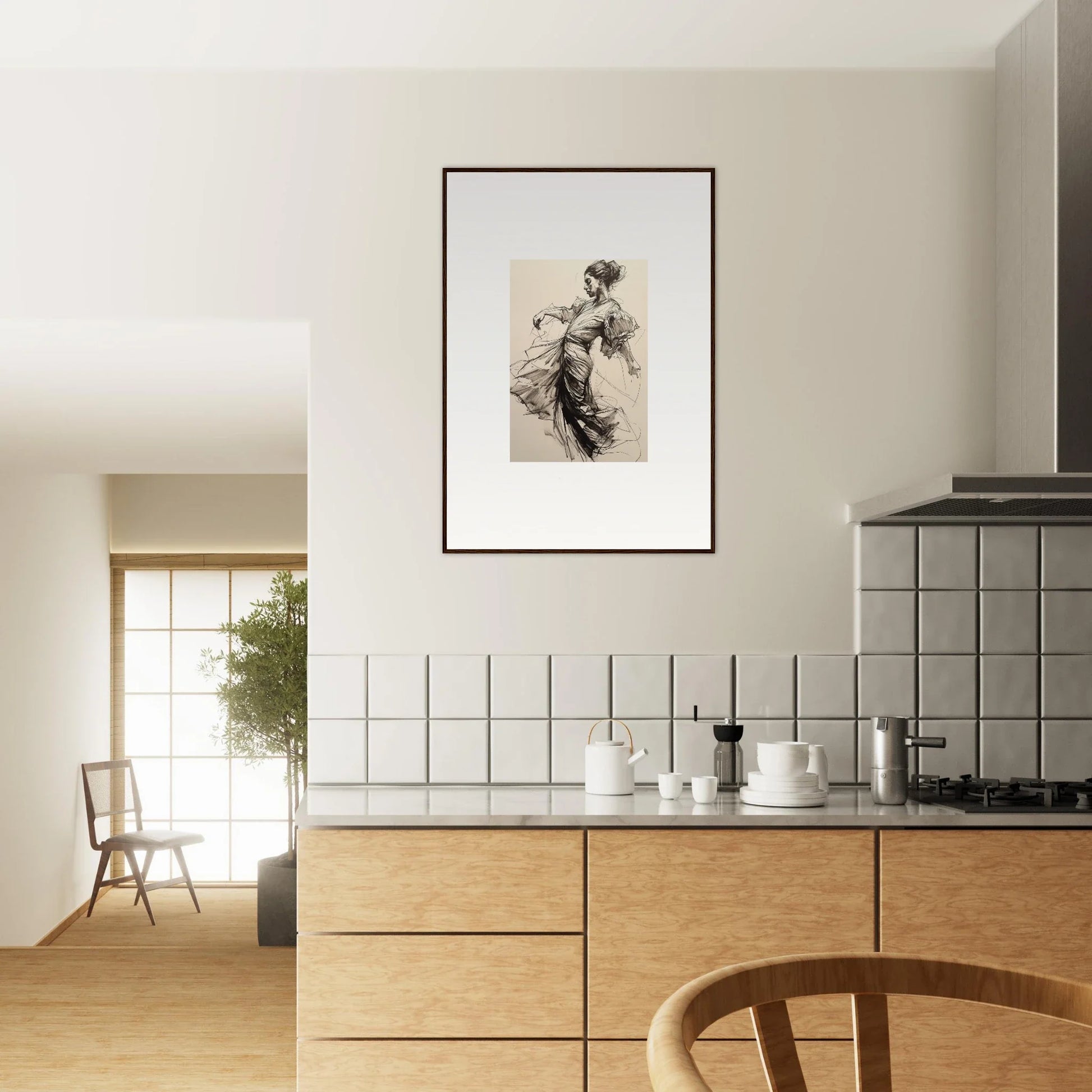 Modern kitchen with light wood cabinets and Whirling Midnight Form framed wall art