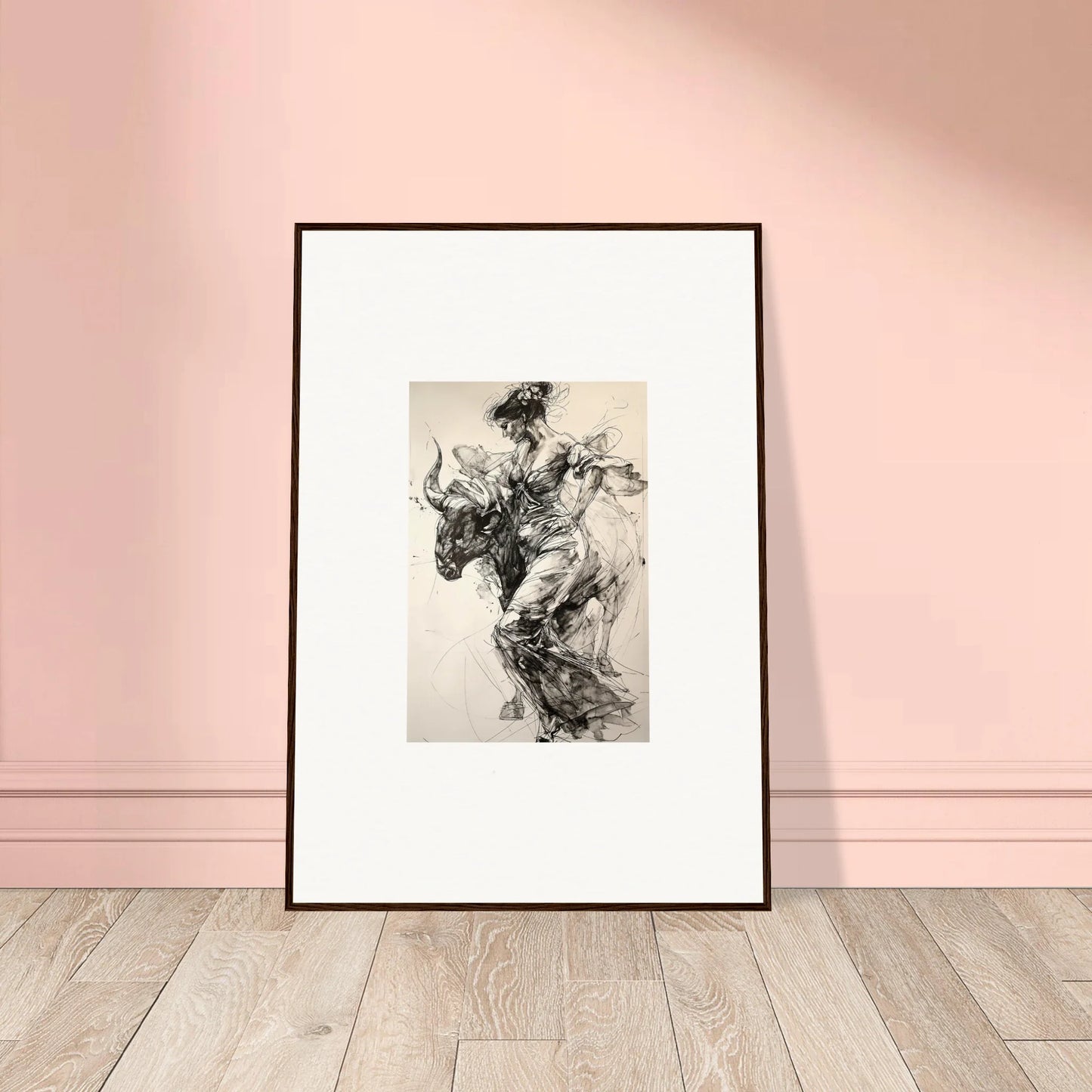 Black and white framed art of a swirling figure in Labyrinthine Spanish Mirage