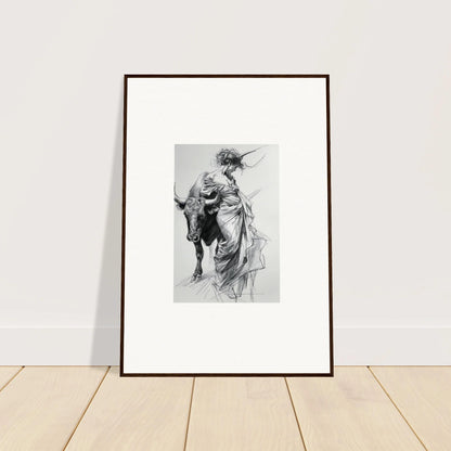 Framed black and white sketch of a figure in robes riding a bull from Minotaur’s Melodic Siesta