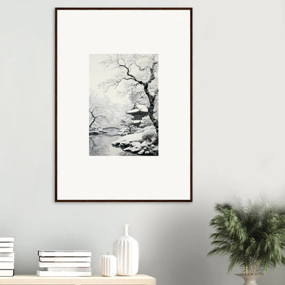 Framed black and white winter embrace whisper art of a snowy landscape and bare tree