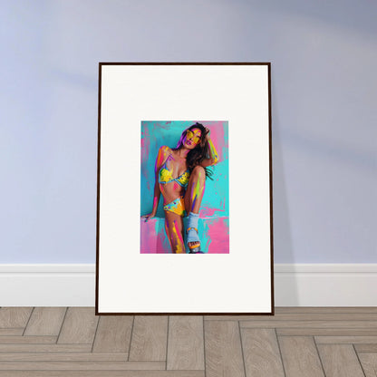 Framed colorful wall art of a woman in a bikini for vibrant room decoration