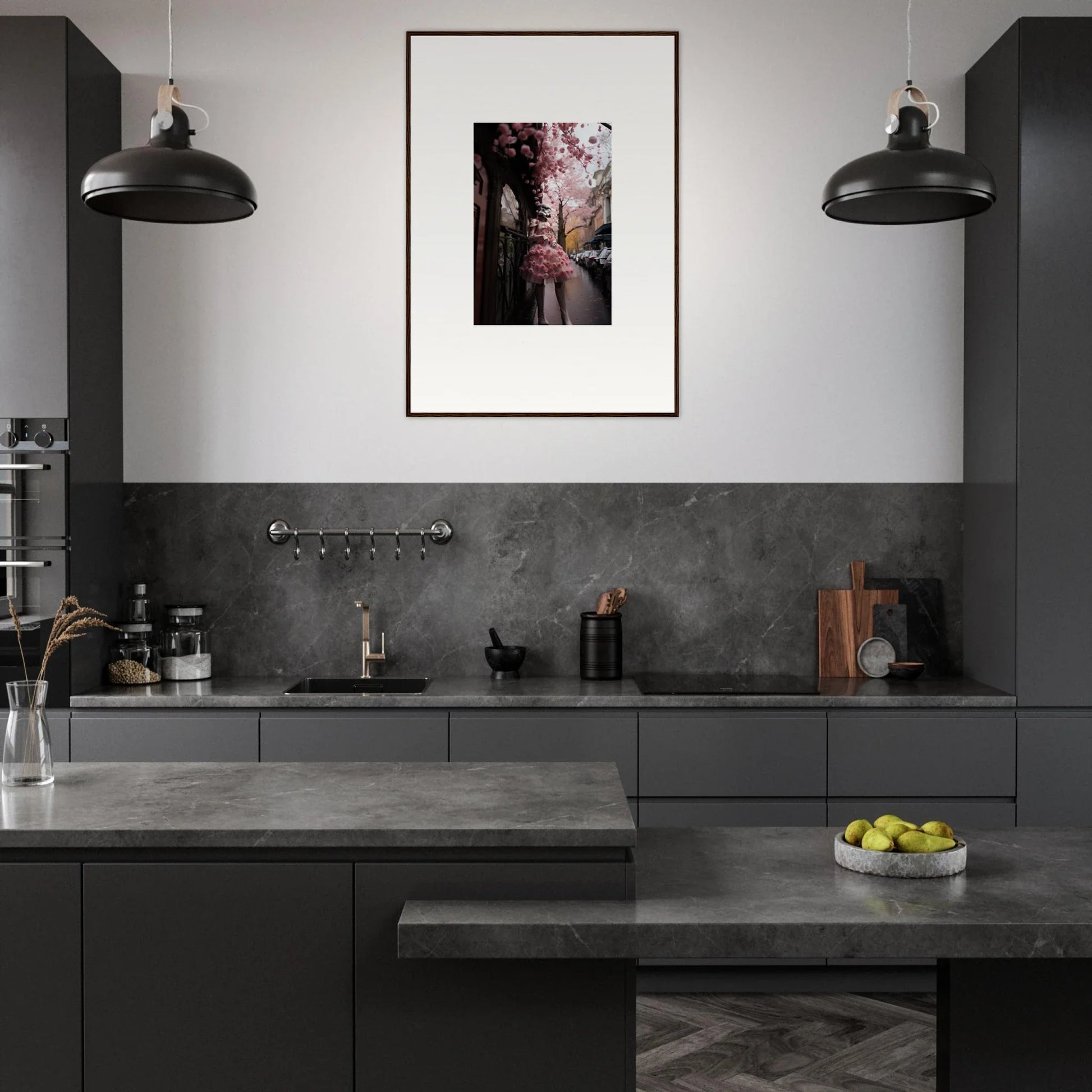 Modern dark gray kitchen showcasing Petal Eccentricity Revealed framed wall art