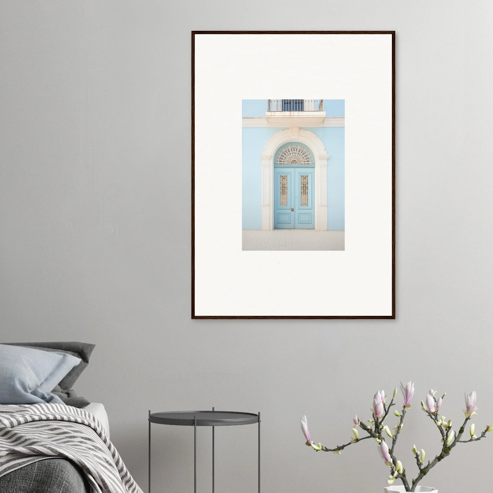 Framed wall art of a light blue vintage door from the Delphinium Dream Portal collection