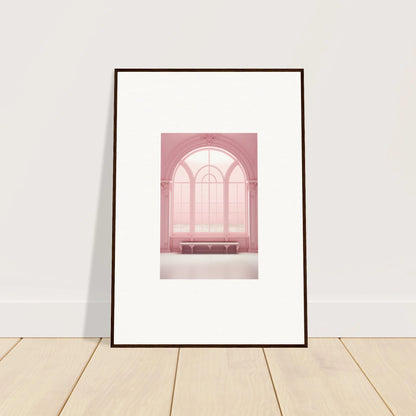 Framed wall art of Solitude’s Rosy Asana with a pink arched window and bench beneath it