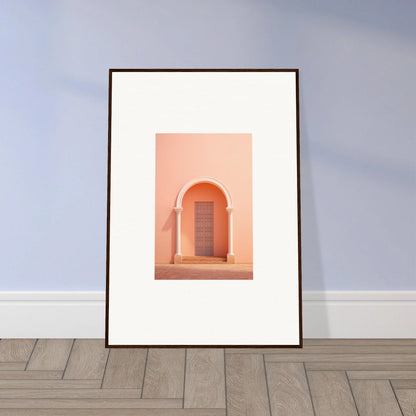 Framed art print of a peachy-pink archway with wooden door from Psychedelic Arches Discussionale