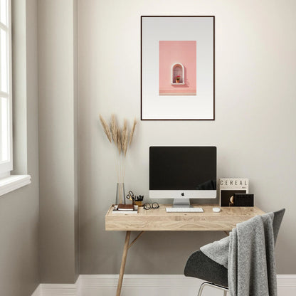 Minimalist wooden desk with iMac and decor from Sunset Silhouette Romance collection