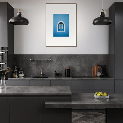 Modern dark gray kitchen featuring Whispers Sky Mosaic with stylish black pendant lights