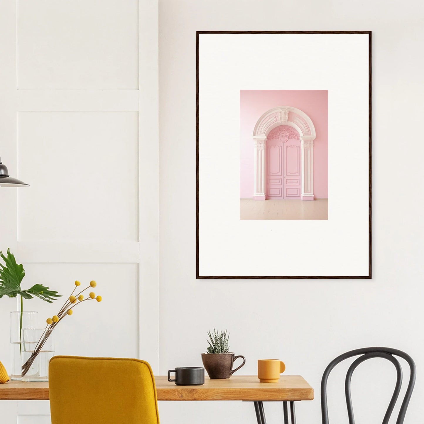 Framed wall art of Portal Fantasies Unfurled with a pink arched doorway design