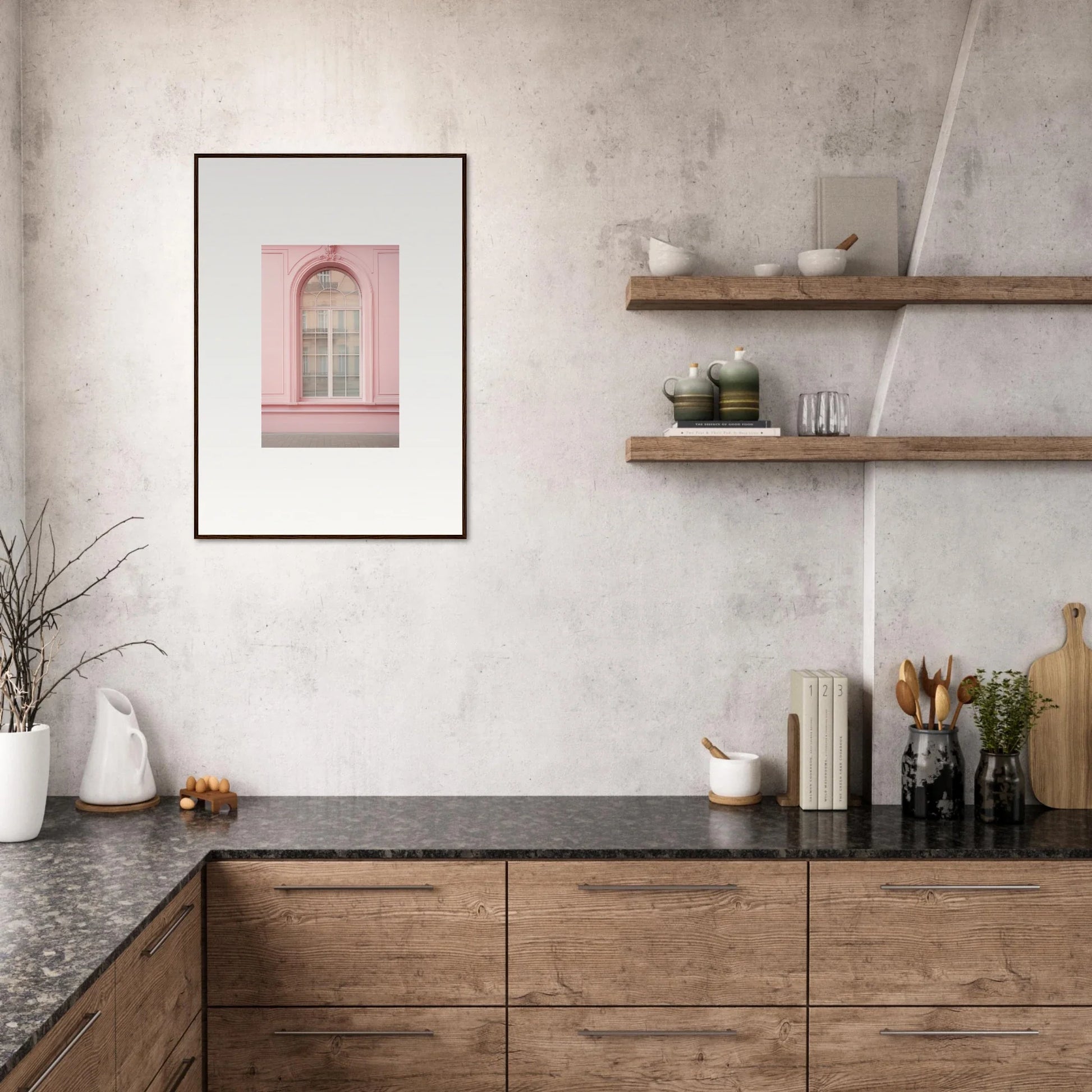 Modern kitchen with wooden cabinetry and dark countertops showcasing Pink Sonata Vibrations