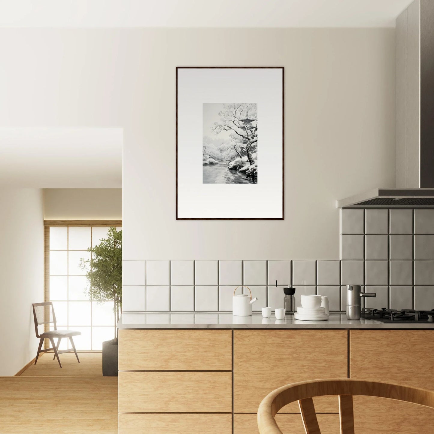 Modern kitchen with light wood cabinets and white tile from Timeless Snow Fables