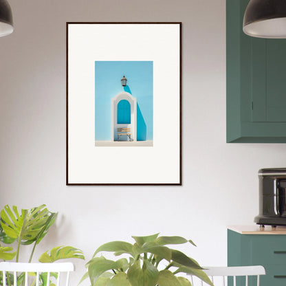 Framed wall art of a blue and white bell tower in Ethereal Mediterranean Pause style