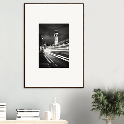 Black and white framed photograph of Big Ben with traffic light trails for premium framed wall