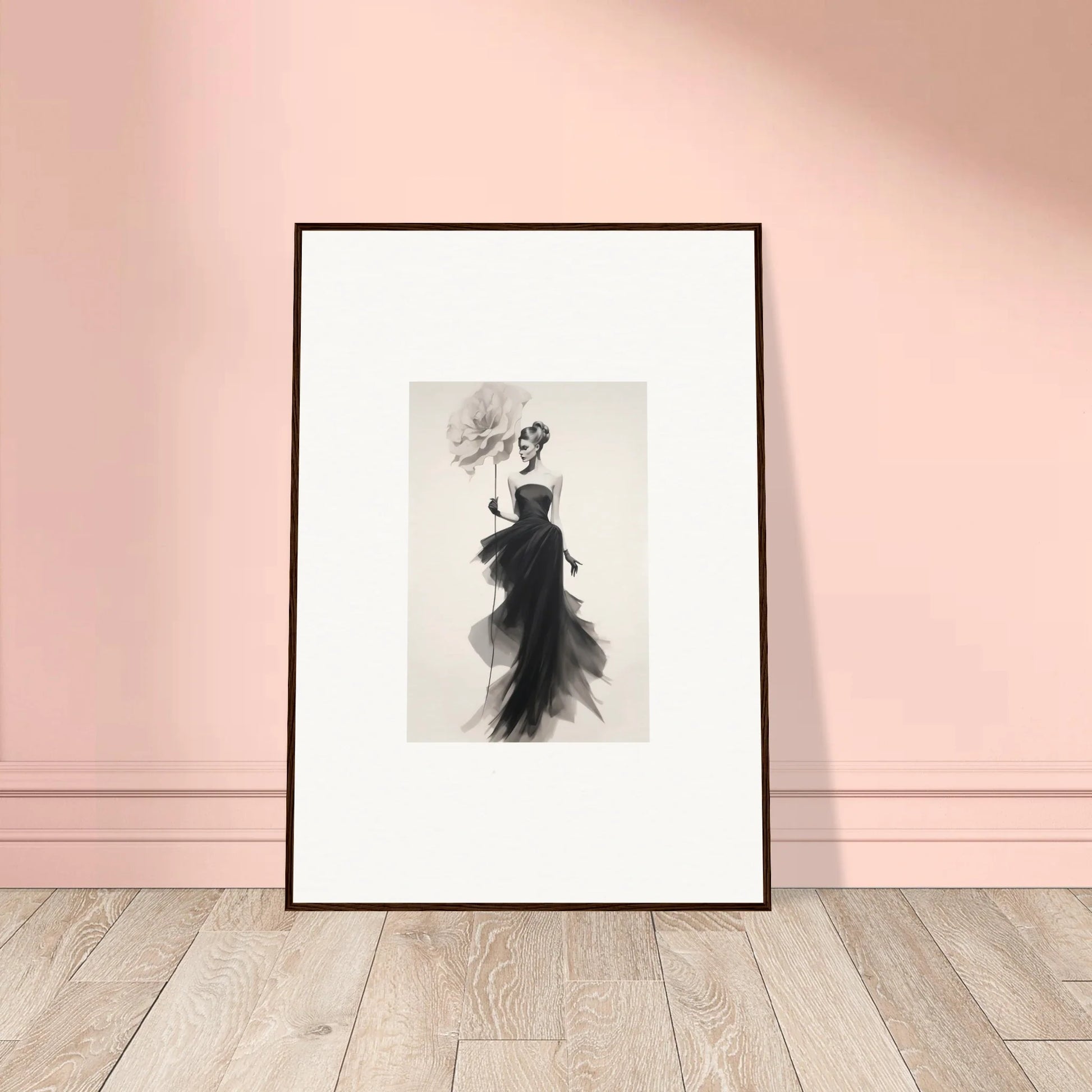 Framed black and white fashion illustration of an elegant gown from Opulent Reverie Lyrisans