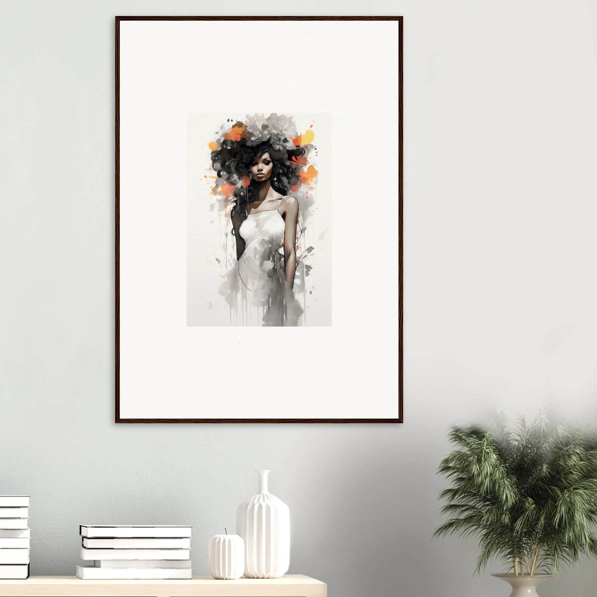 Framed wall art of an ethereal feminine figure in Ethereal Echoes Blossoms design