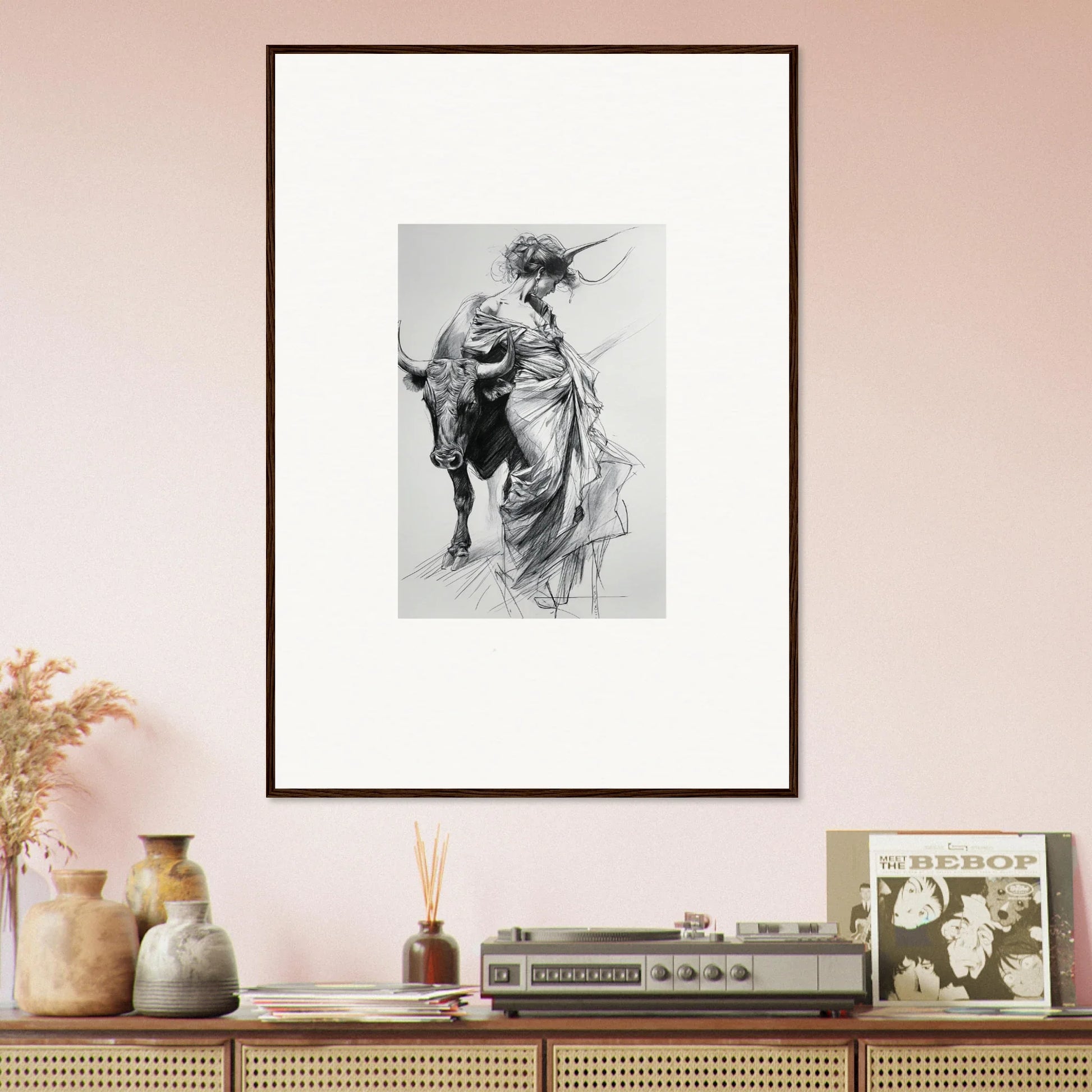 Framed black and white sketch from Minotaur’s Melodic Siesta art collection