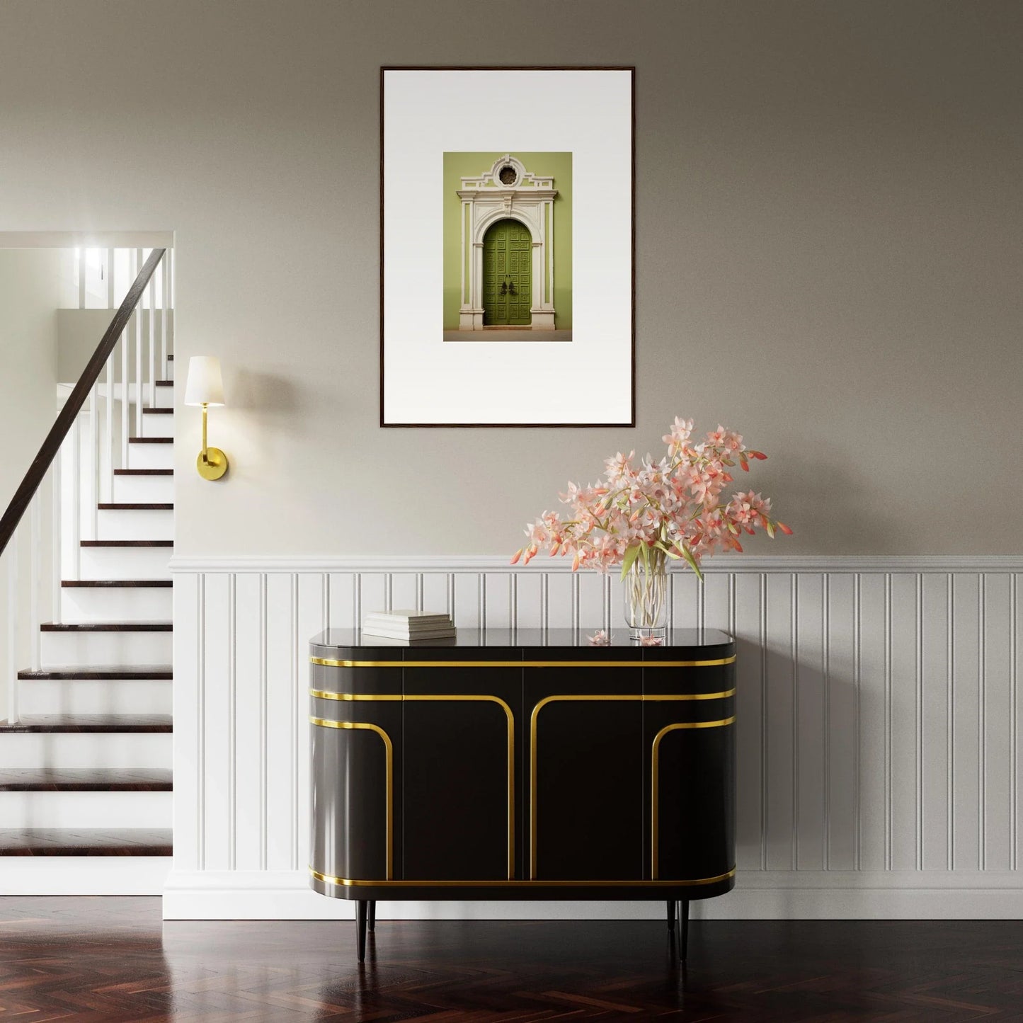 Art Deco black credenza with gold trim in special edition Verdant Sentry Whispers