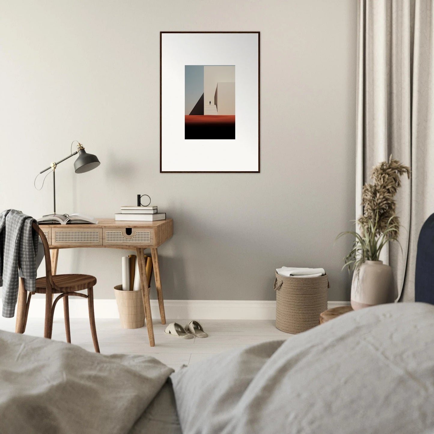 Wooden desk with a drawer and lamp perfect for Sombra Espérante architecture lovers