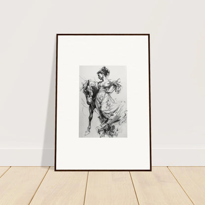 Framed black and white sketch of a woman in a flowing dress and horse for Thoughts Unbridled Dance