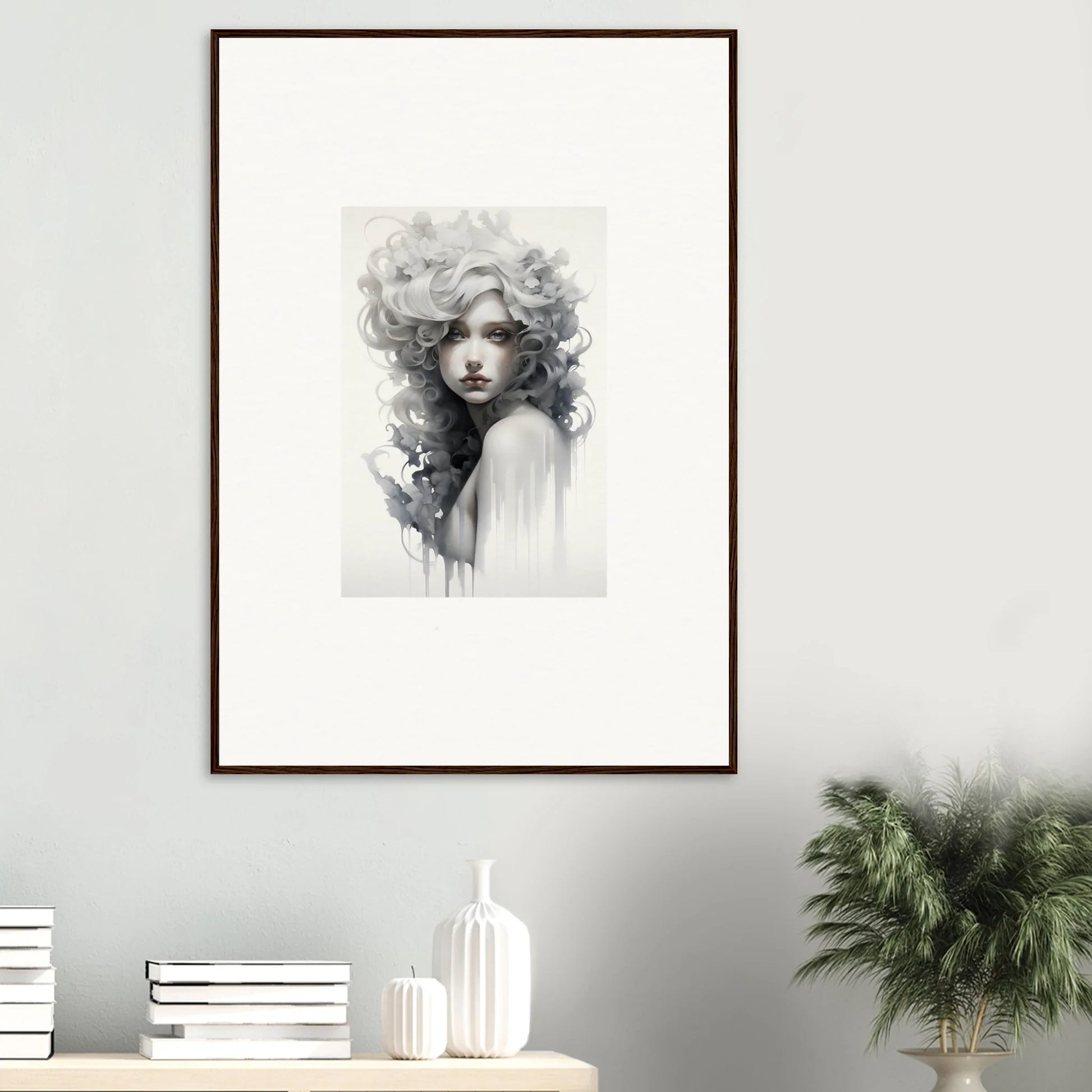 Framed black and white watercolor portrait of Visions Veil Morphling with flowing hair