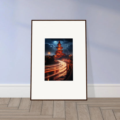 Framed photo of a pagoda at night with traffic light trails from Hyperloop Dreams Extravaganza