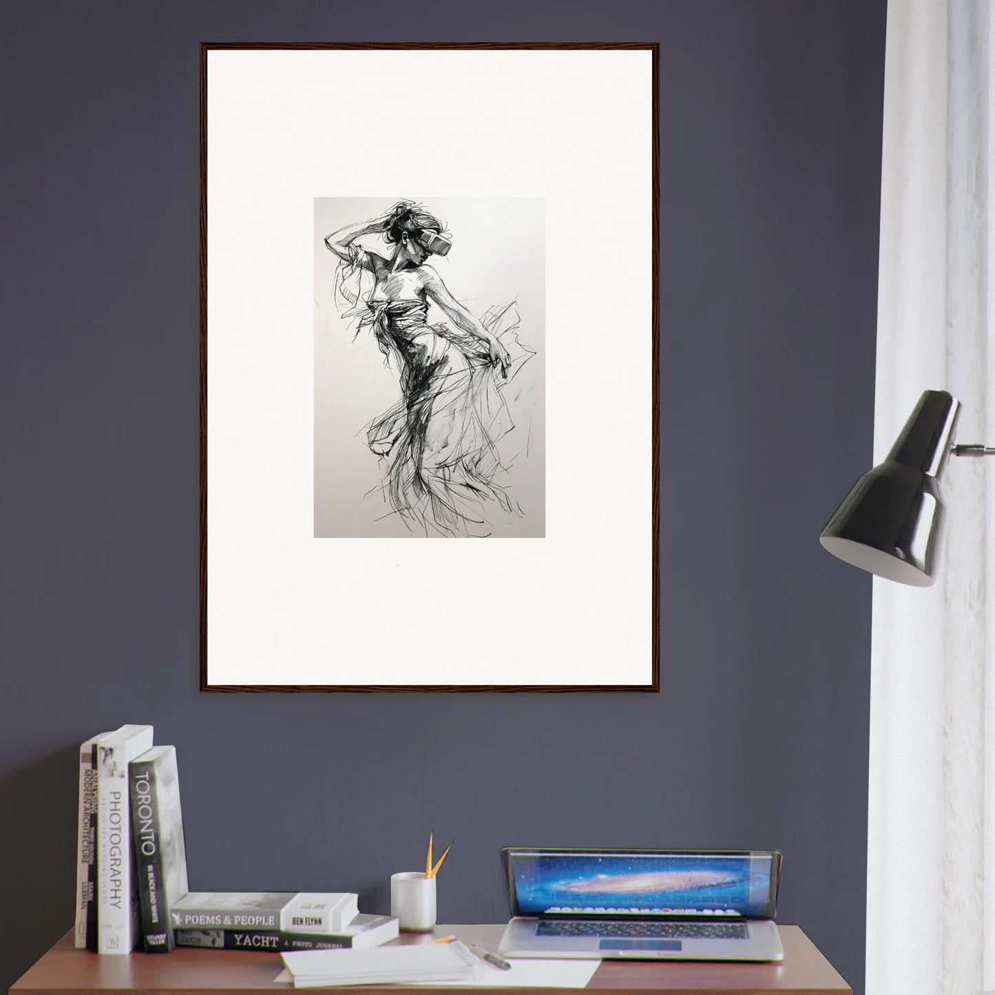 Black and white sketch of a dancing figure showcasing movement in Virtual Grace Sketch