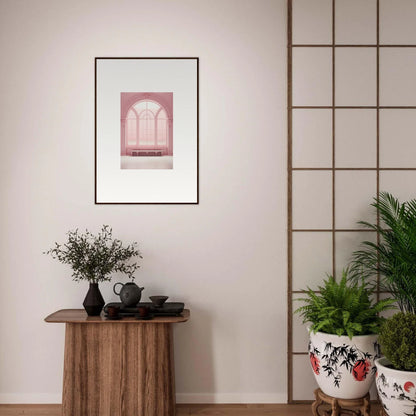 Framed wall art of Solitude’s Rosy Asana featuring a pink arched window design