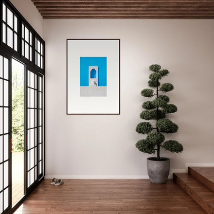 Framed Oikos Cerulean Aperturearches artwork with blue archway on light background