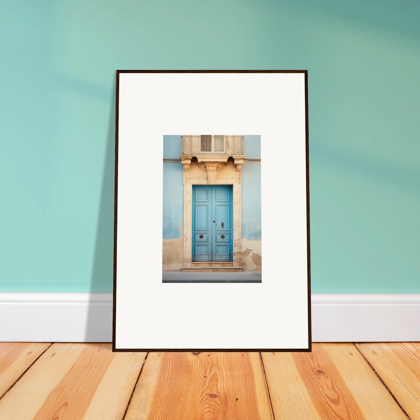 Framed photo of a blue vintage door showcasing the Ephemeral Dreamscape Doorway art™